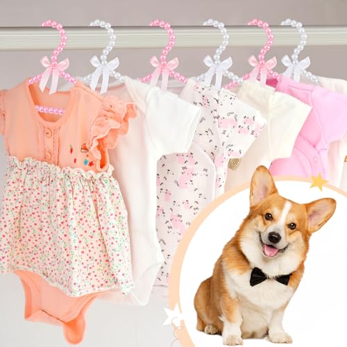 Wesiti Small Pearl Hanger Mini Pearl Clothes Hangers Small Pearl Clothes Beads Hangers Metal Elegant Hangers with Ribbon for Women Dog Cat(Pink, White,10 Pcs)