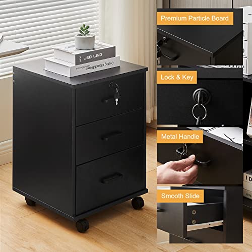 Clipop Mobile Office Cabinet With 3 Lockable Drawers, Under Desk Rolling Vertical File Cabinet With 4 Wheels For Letter/Legal /A4 Size Documents, Wooden Storage Cabinet For Home Office (Black) #TOP4
