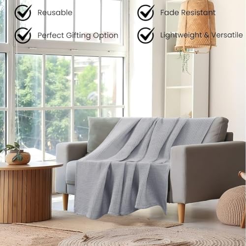 Image of 100% Combed Cotton Waffle Blanket for Bed,Sofa,Couch,| Light Grey |King -90X102 INCHES -Lightweight and Breathable Soft Woven AC Blankets,Throw for Summer, Spring, Winter, All Season