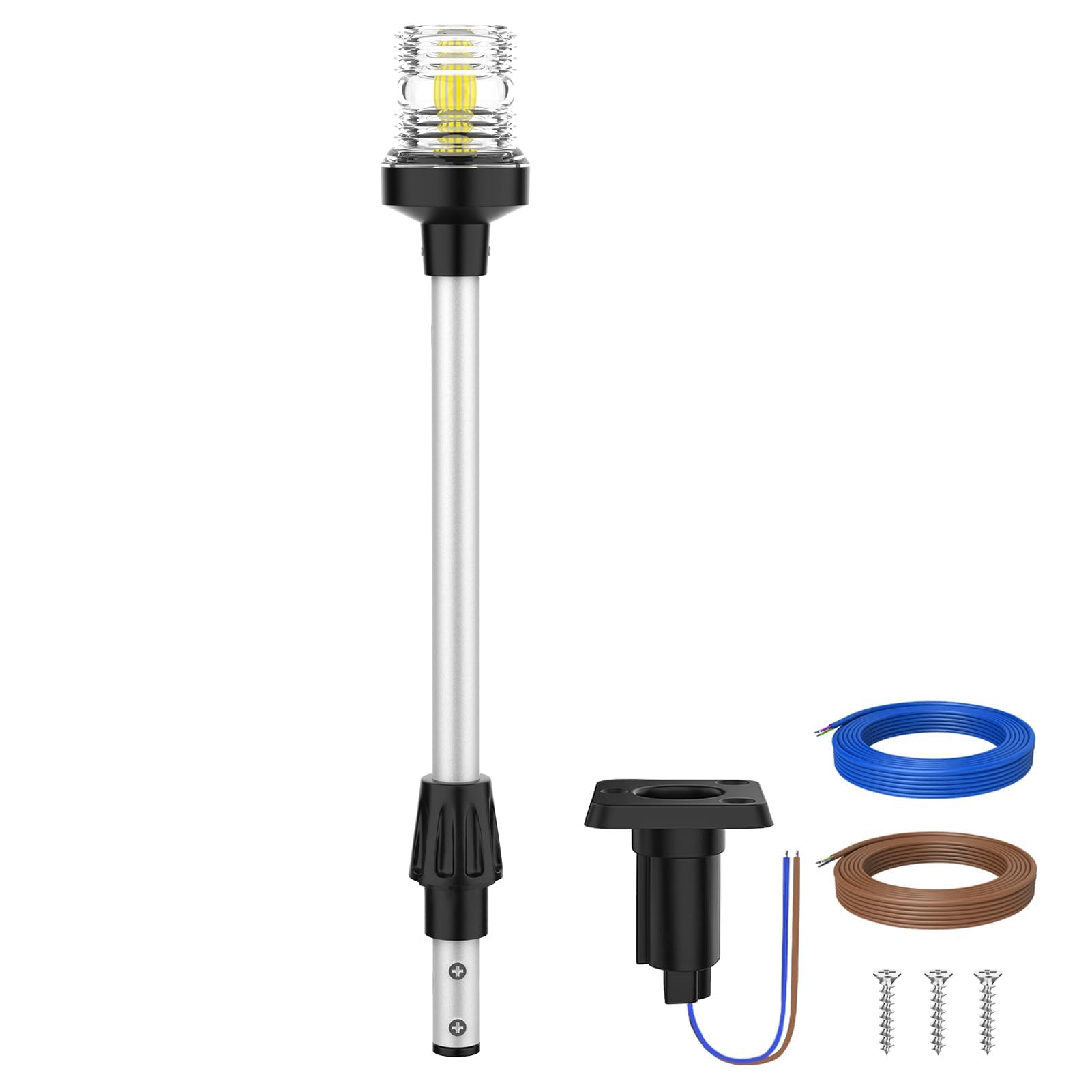 Obcursco Lumières de poupe de bateau, 33 cm 3 NM 360 ° LED d'ancrage avec base, étanchéité IP67, éclairage de navigation 12 V pour ponton, yacht, bar et bateaux de pêche