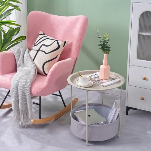 VECELO Round Side/End Table with Fabric Storage Basket，Metal Anti-Rust and Waterproof Small Bedside Nightstand with Removable Tray Top for Living Room，Balcony & Laundry，Grey /2pcs with Basket by VECELO - Image 5