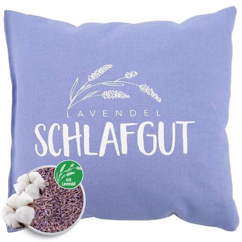Herbalind Lavendelkissen 20x20 cm Duftkissen mit Lavendelblüten und Schafschurwolle Baumwollbezug mit Aufdruck Schlafgut Farbe Lavender Blue Kräuterkissen & Dekokissen