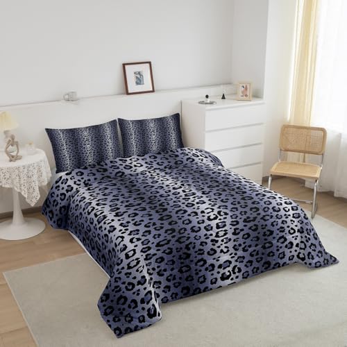 Image of Feelyou Kids Blue Grey Black Bedding Set Toddler Size Leopard Stripes Comforter Leopard Print Comforter Set for Teens Toddler Cheetah Fur Print Duvet Set Microfiber Bed Set