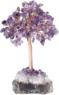 Natural Healing Stones Crystal Tree on Amethyst Druzy Base Bonsai Tree of Life for Health and Luck Healing, Home Office Indoor Outdoor Decor, Amethyst