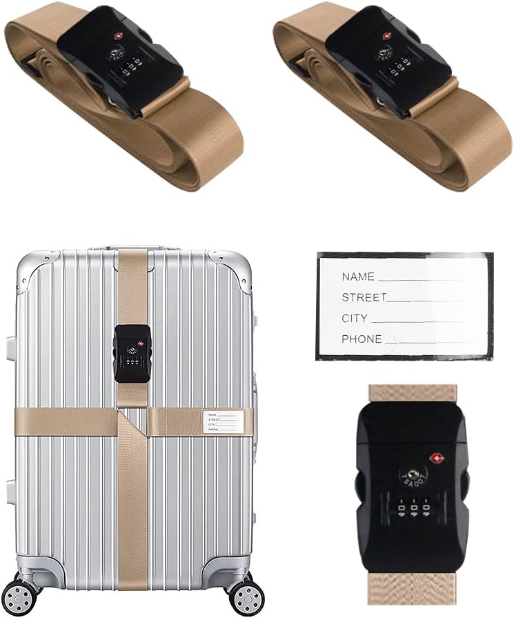 Veki Cross Luggage Straps Set TSA Approved with Lock Adjustable Travel Suitcase Belts Suitcase Tags with Name ID Card Packing Straps for Suitcases Strap Travel Accessories (Khaki*2pcs)