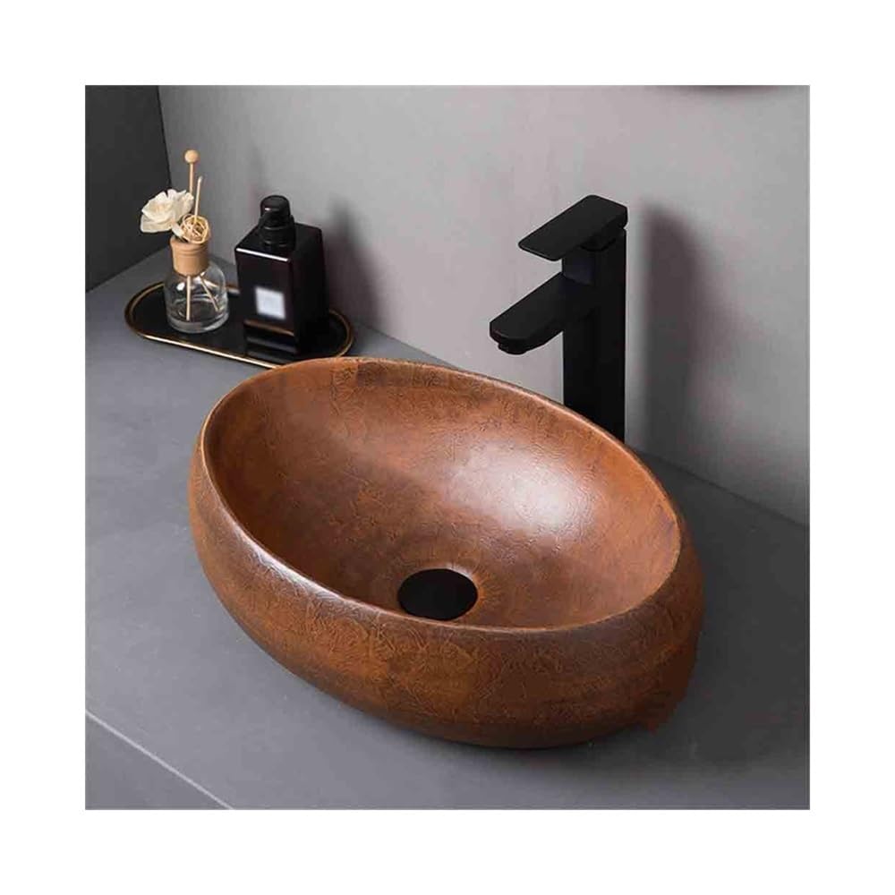 Sink Bowl Brown Oval Countertop Single Basin Ceramic Bathroom Wash Indoor Outdoor Art Basin