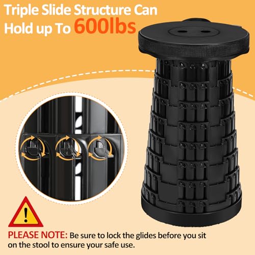 Image of Collapsible Stool - Upgraded with 3 Slides Load Capacity 600lbs, Folding Camping Stool with 3-in-1 Carry Bag, Lightweight Sturdy Retractable Suitable for Camping Fishing Hiking BBQ (Black)