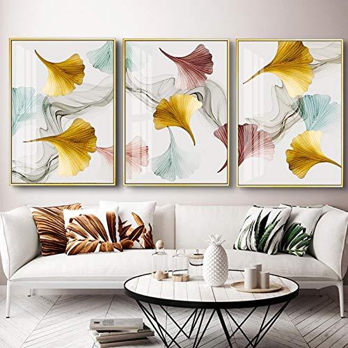 Art mural moderne de feuilles roses et or : 3 toiles 70x100cm pour salon
