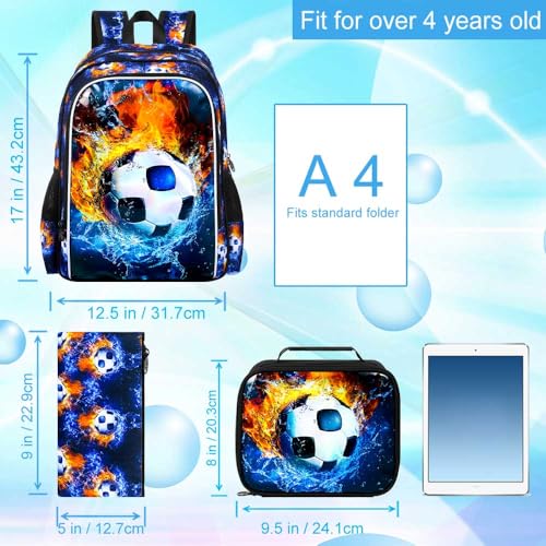Image of 17 inch Soccer Backpack for Boys, Kids Bookbag with Lunch Box, 3Pcs Football School Backpacks for Elementary Preschool Kindergarten (Fire and Ice)