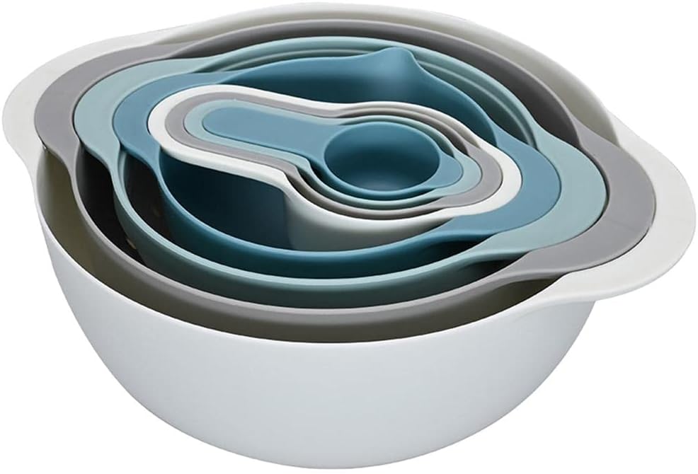 Mixing Bowls Plastic Strainer Bowl Set with Measuring Cups Handle for Washing Vegetables Fruits