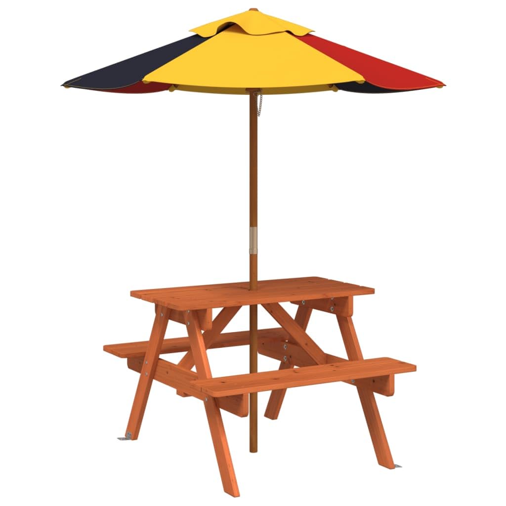 Tavolo da picnic per 4 bambini con ombrellone in legno di abete massiccio, tavolo e panca 2 in 1 per giardino, terrazza ed esterni, robusta struttura a forma di A