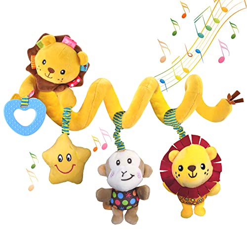 Image of Hanging Car Seat Toys, Baby Activity Spiral Plush Toys with Music Box Rattles Monkey Lion Teether for Car Seat Stroller Crib, Car Ride Travel Toys for Infant Newborn 0 3 6 12 Months