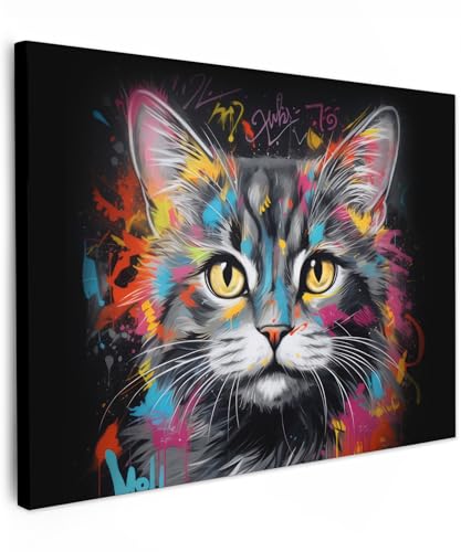 MuchoWow© Folhas quadros de sala para quarto 40 x 30 cm, tela decoração de parede quadro para quarto decoração de gato - graffiti - animais - cores - cinzento