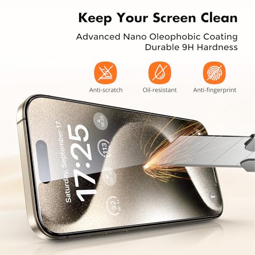Image of UNBREAKcable Shatterproof Tempered Glass Screen Protector for iPhone 15 Pro [3-Pack] [Easy Installation Frame] [9H Hardness] [99.99% HD Clear][Bubble Free] for Apple 6.1 inch