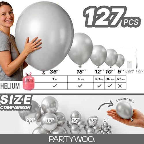 Image of PartyWoo Metallic Silver Balloons, 127 pcs Silver Balloons Different Sizes Pack of 36 18 12 10 5 Inch Silver Balloons Arch Kit Balloon Garlandfor Birthday, Graduation, Party Decorations, Silver-G102