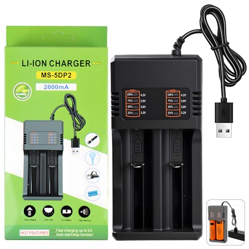 Chargeur Accu 18650 26650 21700 18500 14500 10440, Chargeur Universel Intelligent 2 Slot Chargeur de Batterie Li-ION 3,7V avec Câble USB, Affichage LED...