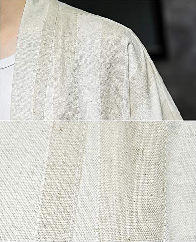 Hotmiss Men\'s Linen Striped Kimono Cardigan Noragi Street Jacket Japan Yukata Coat (Medium) Beige