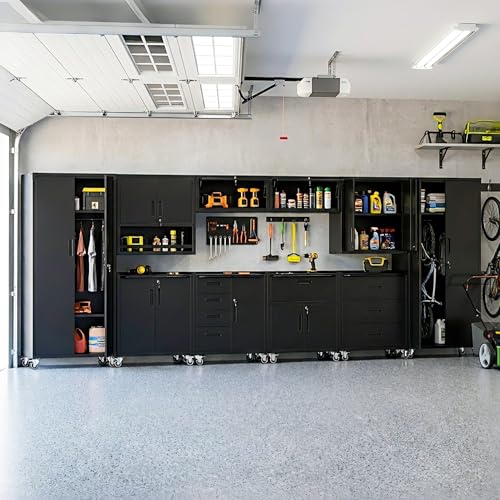 VIYET 10-Piece Heavy Duty Steel Garage Cabinet System | All-in-One Modular Garage Cabinet Set for Ultimate Workshop Organization | Easy Assembly Garage Storage Cabinets & Tool Bench (Black)