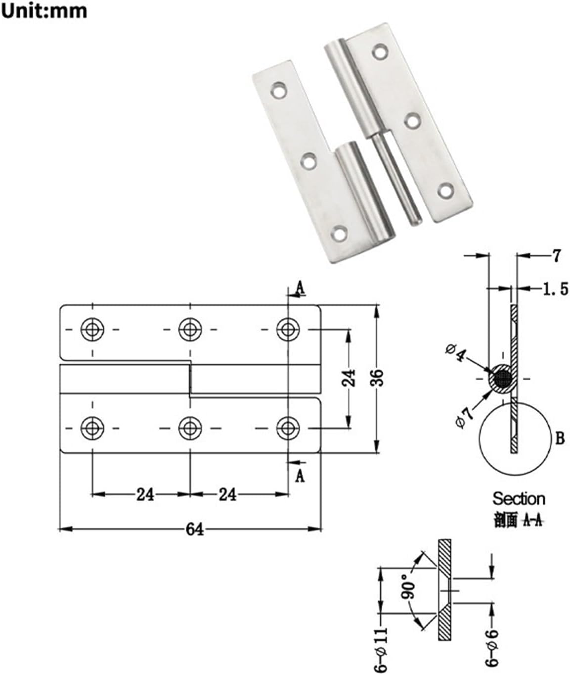 304 Stainless Steel Strip Detachable Foldable Hinges Industrial Machinery Cabinet Doors 1Pcs(Counterbore-Left)