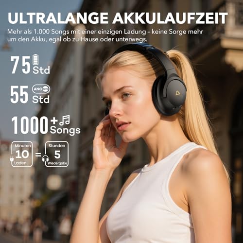1Mii Y8+ Kabellose Bluetooth Kopfhörer, Hybrid Active Noise Cancelling, LDAC Hi-Res Audio, Individueller EQ, 75h Spielzeit, Bequemer Sitz und Faltbare Over-Ear Kopfhörer - Schwarz