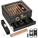 Tesonway Cigar Humidor,Cedar Wood Humidor Cigar Box,Glass Top Desktop Humidor with Digital Thermo-Hygrometer, Humidifier, Divider, Accessories Drawer and Combination Lock,Cigar Gift for Men
