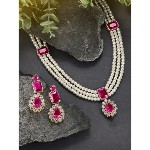Image of Peora Crystal Faux Pearl Kundan Necklace & Jewellery Set Gift for Women
