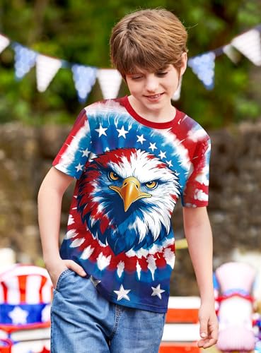 Image of BesserBay Unisex Kids 4th of July American Flag Tee Tie Dye Patriotic Short Sleeve Shirt 6-14 Years