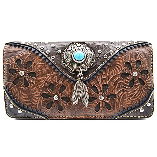 Tooled Leather Floral Laser Cut Flower Feather Purse Studs Country Western Handbag Women Shoulder Bag Trifold Wallet Set3