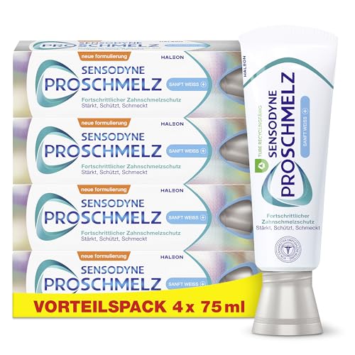 PROSCHMELZ Sensodyne Sanft Weiss Plus Zahnpasta, 4 x 75ml, Zahncreme mit Whitening Effekt, fortschrittlicher Zahnschmelzschutz