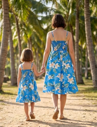 Image of AWIBMK Hawaiian Family Matching Outfits Mother Daughter Tropical Dresses Father Son Shirts for Beach Vacation Luau Party
