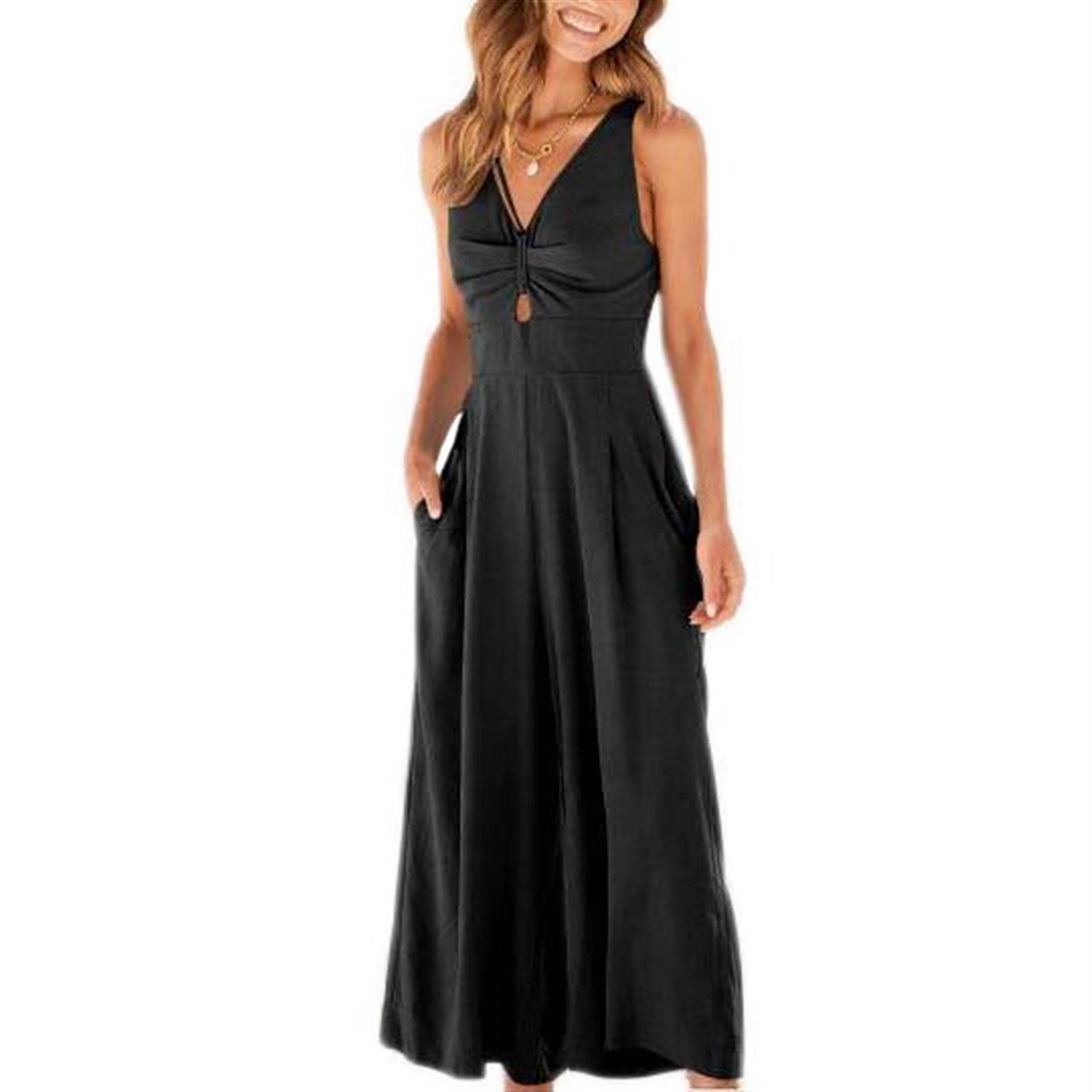 Damen Sommer Casual Weit Bein Jumpsuits Falten Hohe Taille verstellbare Träger Strampler