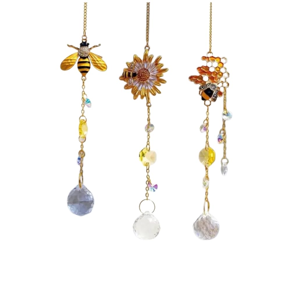 Bee Suncatcher Crystal Prism Window Hanging Decor - Honey Bee Daisy Sun Catcher with Faceted Rainbow Maker Prisms, Honeycomb Hanging Ornament, Nature Garden Lover Gift for Home (Honeycomb Bee)