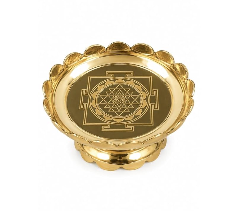 Image of Brass Shree Yantra Lotus Stand | Decorative Brass Yantra for Pooja Temple Home Office and Spiritual Decor | 10 x 10 x 4 Cm | 100 g