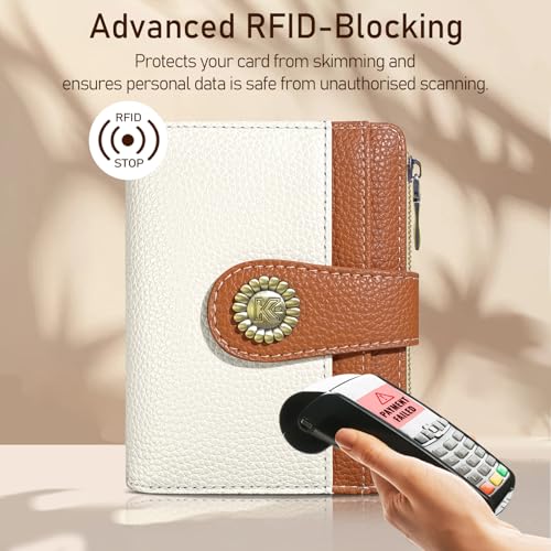 Image of Kelvoris Small Rfid Women Wallet Bifold Zipper Coin Pocket White and Brown | PU Leather Compact Cash Credit Card Holder Travel Purse for Female Ladies Teen Girls 1 ID Window 10 Card Slots