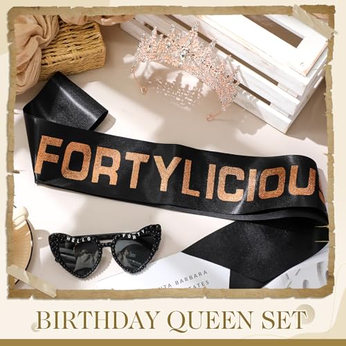 3 Pcs 40th/ 50th Birthday Decorations for Women, 40th/ 50th Birthday Sash and Crown Tiara and Sunglasses(Rose Gold,Fortylicious)2