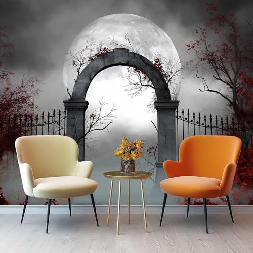 Photo Wallpaper Halloween Dark Tones Iron Fence Mural - Wall Non-Woven Grey Wallpaper for Living Room Bedroom, Indoor Wall Painting for Tv Backdrop Kids Room 400 x 280 cm (W x H)