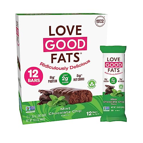 Love Good Fats Keto Bars, Truffle Mint Chocolate Chip - Plant-Based Protein Snack, Low Carb, Low Sugar, Gluten Free, Non GMO, 12 Pack