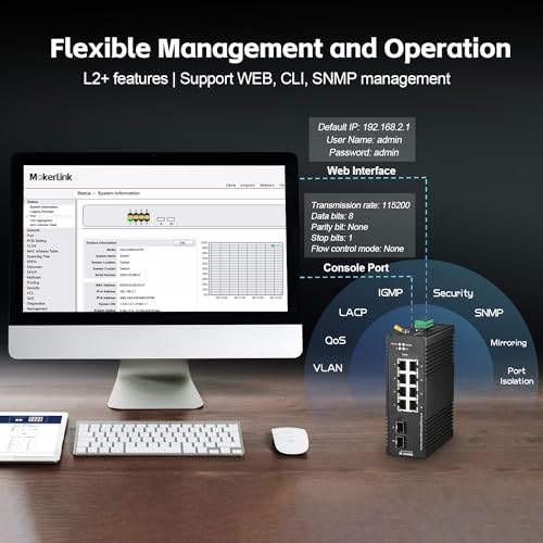 Image of MokerLink 8 Port Gigabit PoE Industrial DIN-Rail Ethernet Switch Managed, 2 SFP Ports, IEEE802.af /at 96W PoE+ Power, Web L2+ Managed IP40 Network Switch (-40 to 185F), with Power Supply