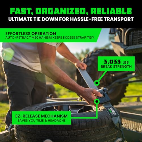 Image of Rhino USA Retractable Ratchet Straps (2-Pack) - 2 Inch x 10 Feet (3,033lb Break Strength) - Heavy Duty Auto Self Retracting Tie Down Straps for Truck, Cargo Trailer, Motorcycle, Rad & More - Gray