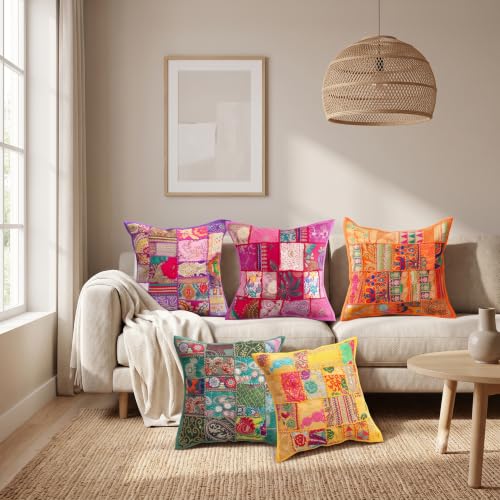 Image of Ravaiyaa - Attitude is everything Set of 5 Handmade Khambadiya Patchwork Cotton Cushion Cover 16X16 Inch | Decorative Cotton Throw Pillow Covers | Bohemian Vintage Embroidered Sofa Cushions