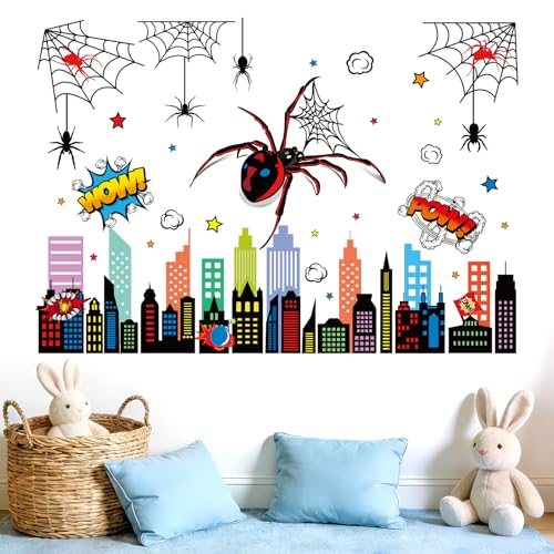 Csoisoy 2pcs Stickers Muraux Araignée, Toile d'Araignée Représentant Une Ville à Décoller et Coller Décoration Idéale pour Salle de Jeux Chambre Ou Fête