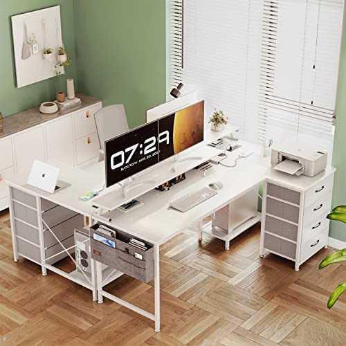 Kkl 63 Inch L Shaped Computer Desk With Usb Charging Port & Power Outlet, L-Shaped Corner Desk With 4 Tier Drawer & Monitor Shelf For Home Office Workstation, Modern Style Writing Table, White #TOP1