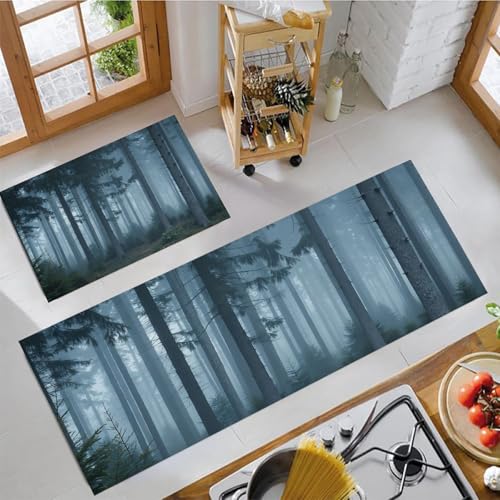 Alfombrillas de cocina para suelo de madera tapetes de pasillo gris carbón estilo bosque brumoso 2