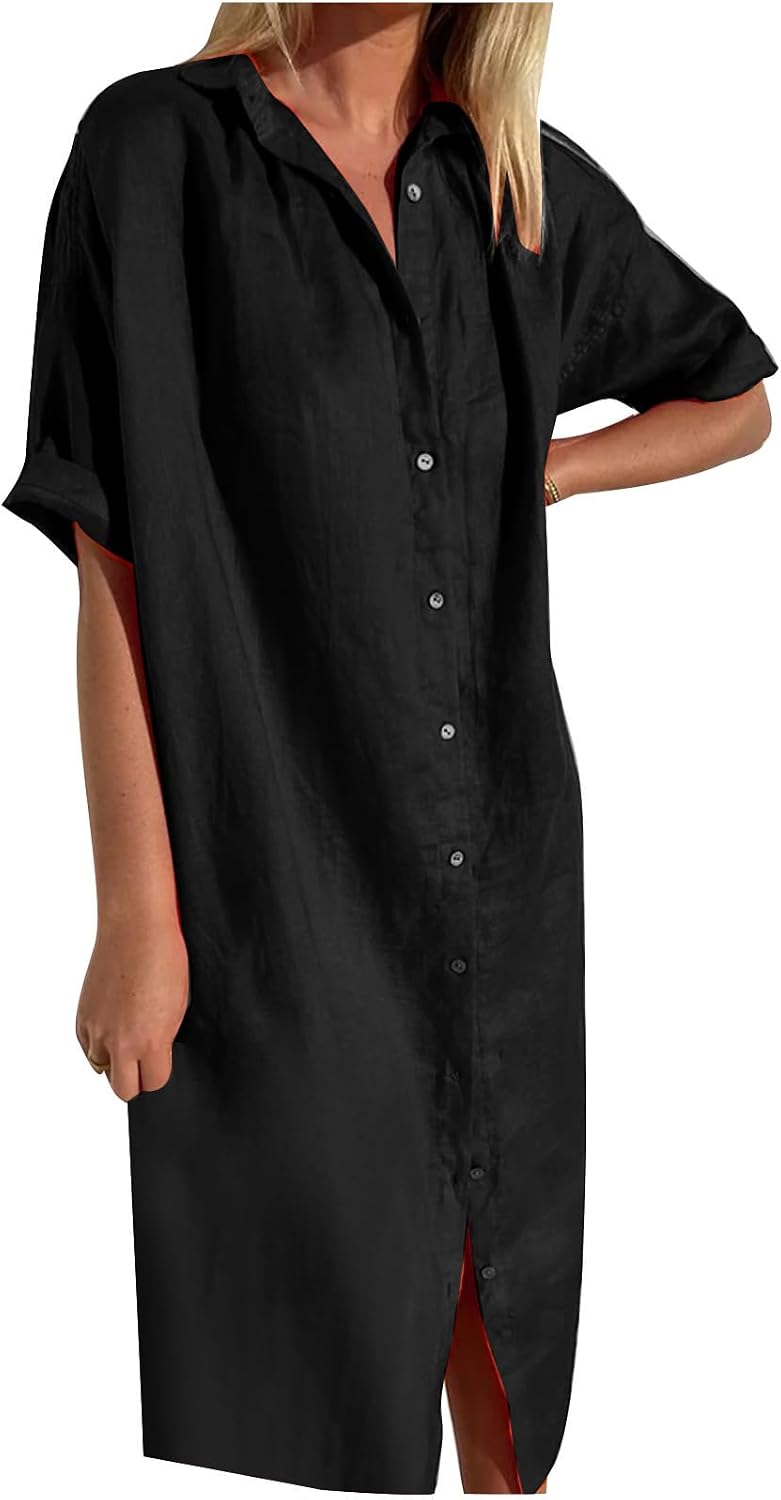 FZYLQY 2024 Womens Button Down Shirt Dresses Cotton Linen Short Sleeve Casual Dress Boyfriend Style Loose Fit Summer Dresses
