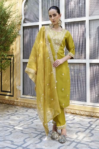 Image of VredeVogel Women's Silk Blend Embroidered Kurta with Pant & Organza Dupatta Set