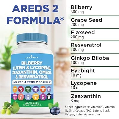 Liberty Lifestyle Eye Health Vitamins with Bilberry Lutein & Zeaxanthin, Lycopene, Resveratrol, Grape Seed Extract, Flaxseed Astaxanthin- AREDS 2 - Eye Vitamin - 60 Capsules