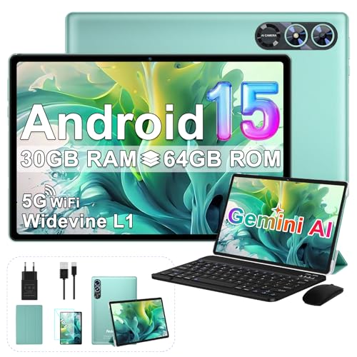 fezawio Android 15 Tablet 10 Pulgadas Gemini AI, Tablet PC Octa-Core, 30 GB RAM + 64 GB ROM (1TB TF), 3.5mm Audio/GMS/WiFi 6 & BT 5.0 / 6000mAh / GPS/Widevine L1, Tableta con Teclado-Verde