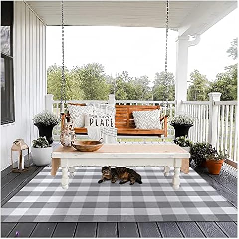 EARTHALL Buffalo Plaid Outdoor Rug Grey 4' x 6', Cotton Hand-Woven Checkered Door Mat, Reversible Foldable Washable Gray Outdoor Rug Stripe for Layered Door Mats Porch/Front Door (47.2"x70.8") Cover