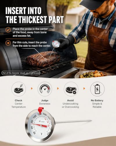 Image of Oven‑Safe Analog Meat Thermometer, 2‑in Dial Adjustable Target Marker 2pc