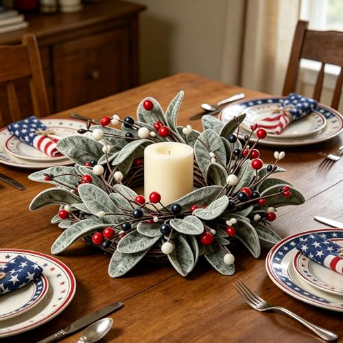 Image of 4 PCS Patriotic 4th of July Candle Rings Wreaths Independence Day Candle Rings Holder with Red White Blue Berries & Lamb's Leaves Mini Memorial Day Labor Day Wreath for Home Table Centerpiece Decor